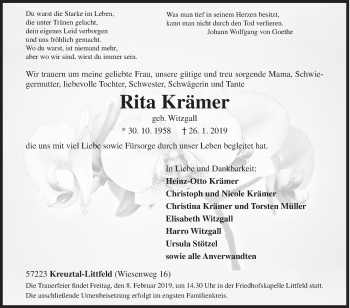Traueranzeige von Rita Krämer von Siegener Zeitung