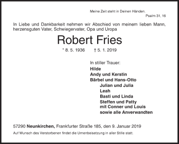 Traueranzeige von Robert Fries von Siegener Zeitung