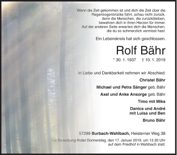 Traueranzeige von Rolf Bähr von Siegener Zeitung