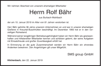 Traueranzeige von Rolf Bähr von Siegener Zeitung