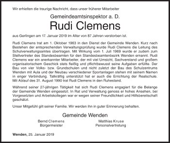 Traueranzeige von Rudi Clemens von Siegener Zeitung