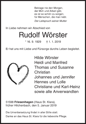 Traueranzeige von Rudolf Wörster von Siegener Zeitung