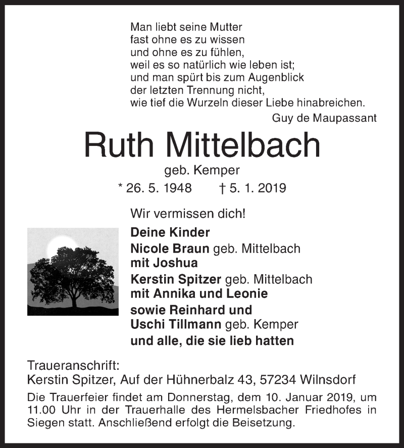  Traueranzeige für Ruth Mittelbach vom 09.01.2019 aus Siegener Zeitung