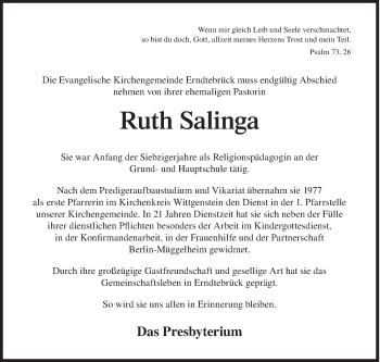 Traueranzeige von Ruth Salinga von Siegener Zeitung