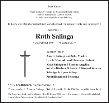 Traueranzeige von Ruth Salinga von Siegener Zeitung