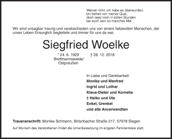 Traueranzeige von Siegfried Woelke von Siegener Zeitung