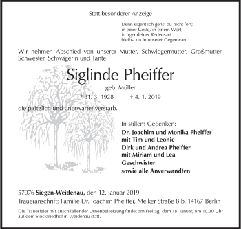 Traueranzeige von Siglinde Pheiffer von Siegener Zeitung