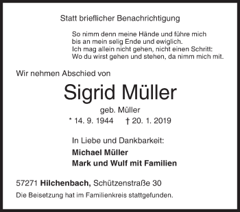 Traueranzeige von Sigrid Müller von Siegener Zeitung