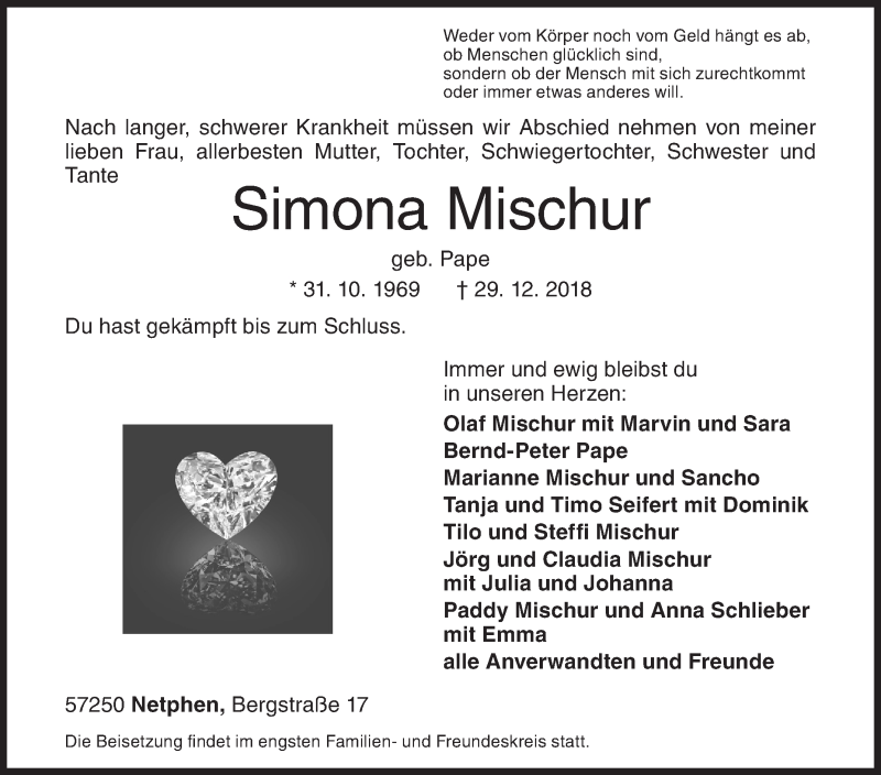  Traueranzeige für Simona Mischur vom 02.01.2019 aus Siegener Zeitung