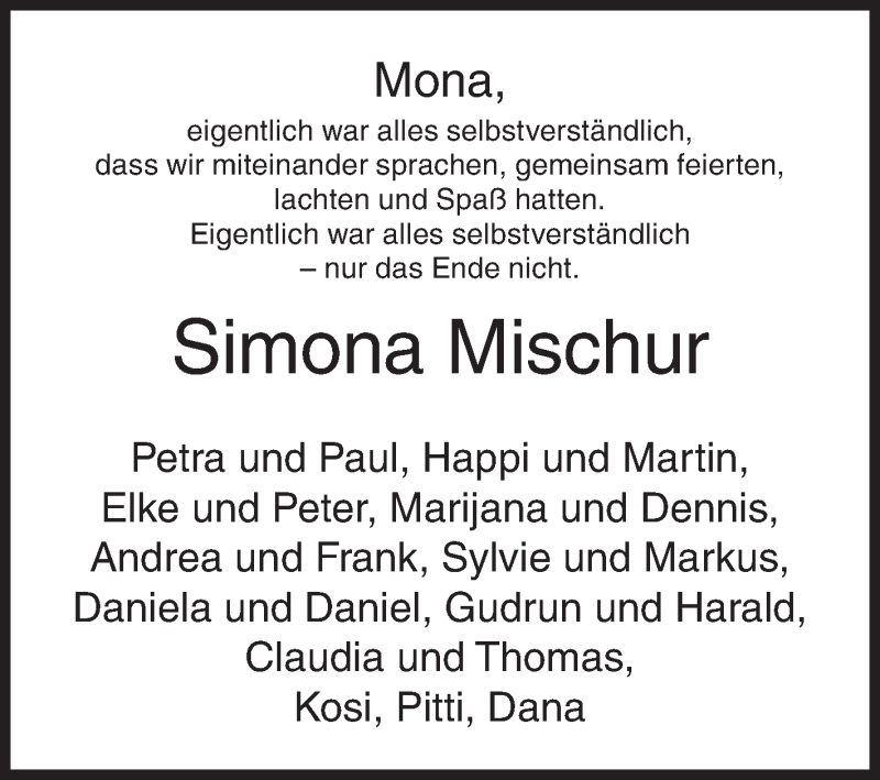  Traueranzeige für Simona Mischur vom 09.01.2019 aus Siegener Zeitung