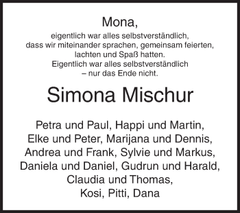 Traueranzeige von Simona Mischur von Siegener Zeitung