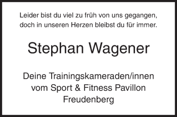 Traueranzeige von Stephan Wagener von Siegener Zeitung