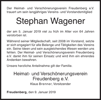 Traueranzeige von Stephan Wagener von Siegener Zeitung