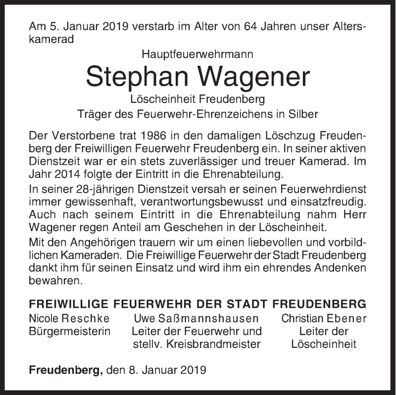  Traueranzeige für Stephan Wagener vom 08.01.2019 aus Siegener Zeitung