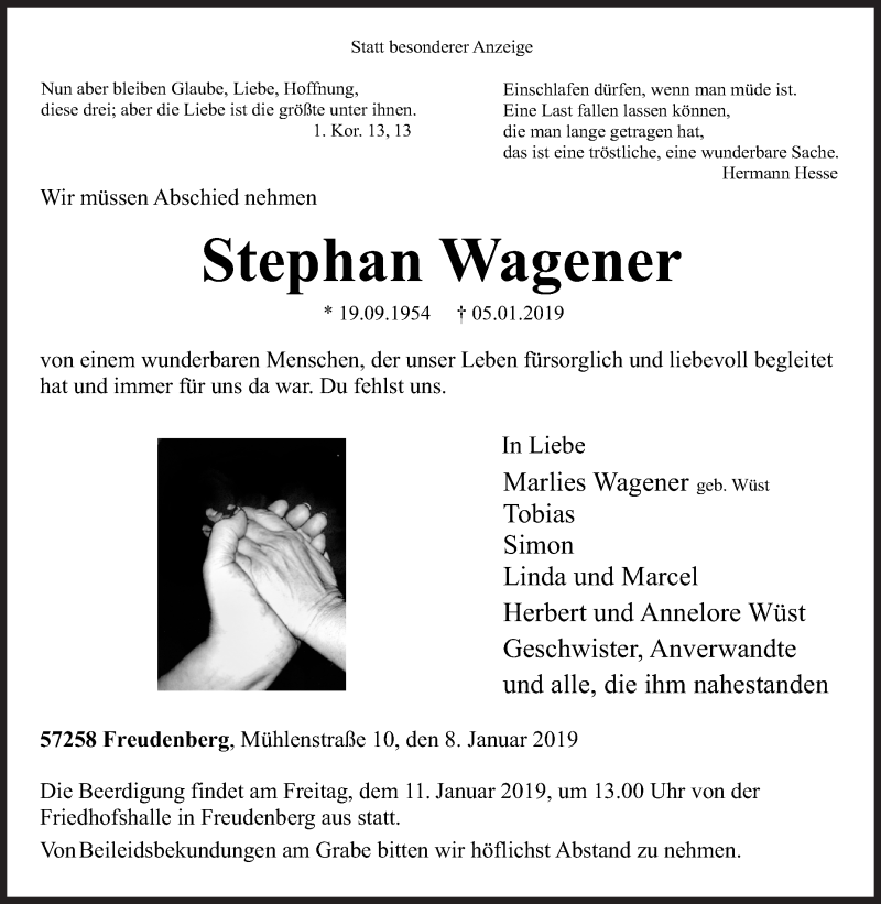  Traueranzeige für Stephan Wagener vom 08.01.2019 aus Siegener Zeitung