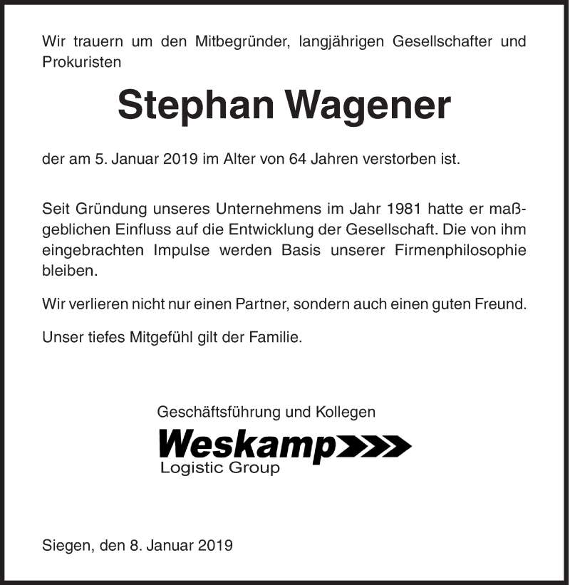  Traueranzeige für Stephan Wagener vom 08.01.2019 aus Siegener Zeitung