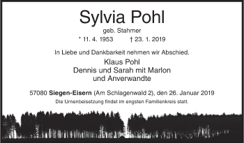 Traueranzeige von Sylvia Pohl von Siegener Zeitung