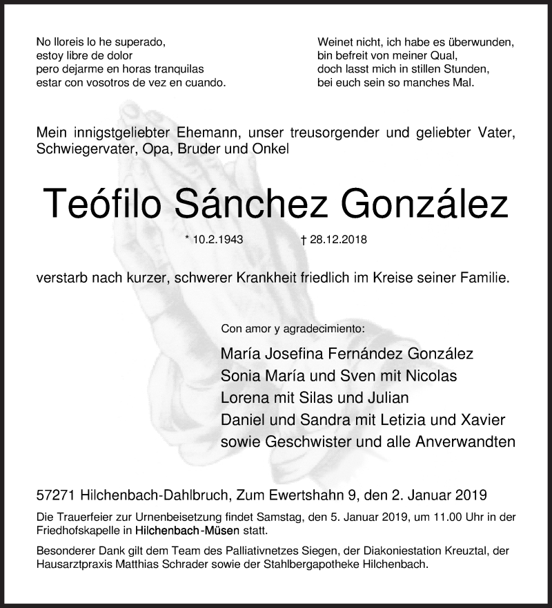  Traueranzeige für Teofilo  Sanchez Gonzalez vom 02.01.2019 aus Siegener Zeitung