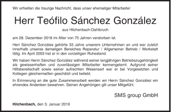 Traueranzeige von Teófilo Sánchez González von Siegener Zeitung