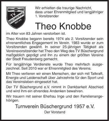 Traueranzeige von Theo Knobbe von Siegener Zeitung