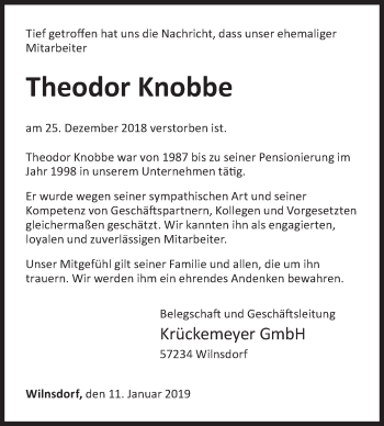 Traueranzeige von Theodor Knobbe von Siegener Zeitung