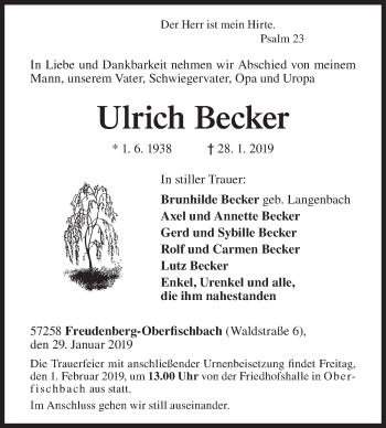 Traueranzeige von Ulrich Becker von Siegener Zeitung
