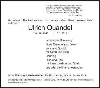 Traueranzeige von Ulrich Quandel von Siegener Zeitung