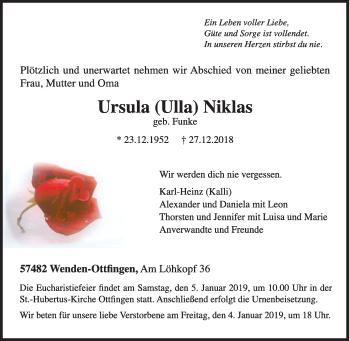 Traueranzeige von Ursula Niklas von Siegener Zeitung