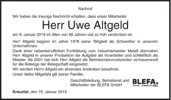 Traueranzeige von Uwe Altgeld von Siegener Zeitung