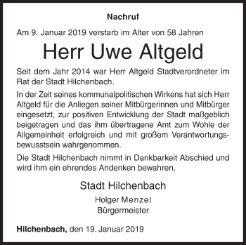 Traueranzeige von Uwe Altgeld von Siegener Zeitung