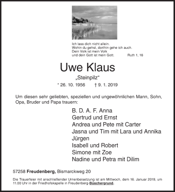 Traueranzeige von Uwe Klaus von Siegener Zeitung
