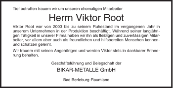 Traueranzeige von Viktor Root von Siegener Zeitung