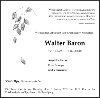 Traueranzeige von Walter Baron von Siegener Zeitung