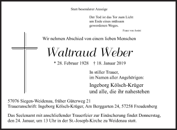 Traueranzeige von Waltraud Weber von Siegener Zeitung