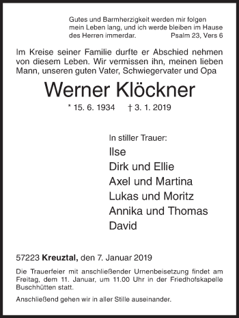 Traueranzeige von Werner Klöckner von Siegener Zeitung