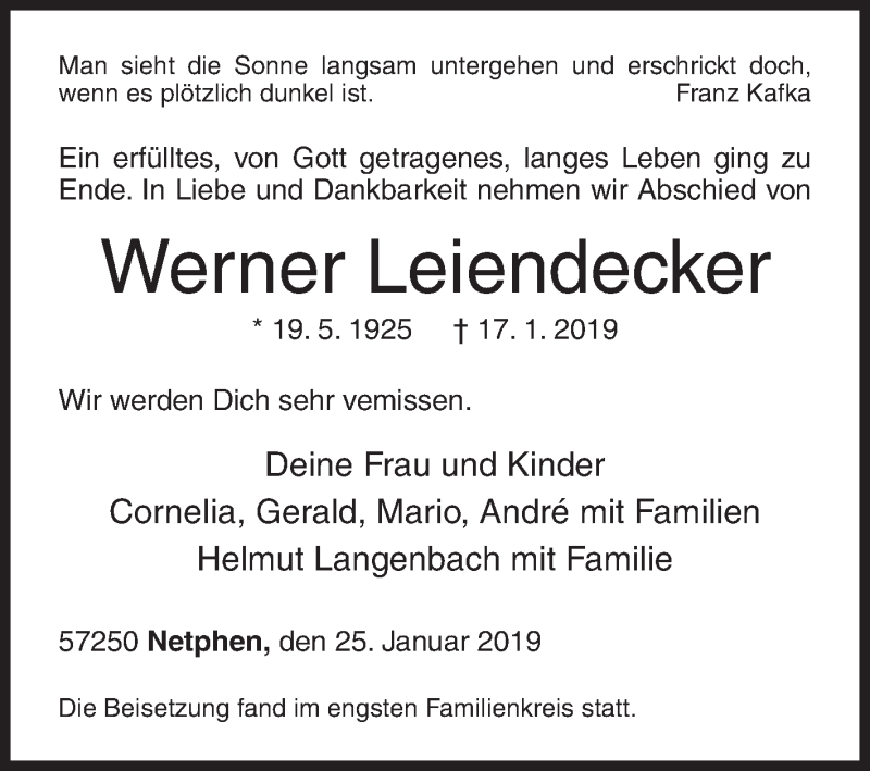  Traueranzeige für Werner Leiendecker vom 25.01.2019 aus Siegener Zeitung