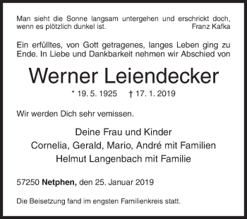 Traueranzeige von Werner Leiendecker von Siegener Zeitung