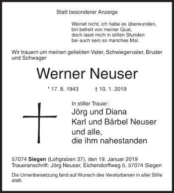 Traueranzeige von Werner Neuser von Siegener Zeitung