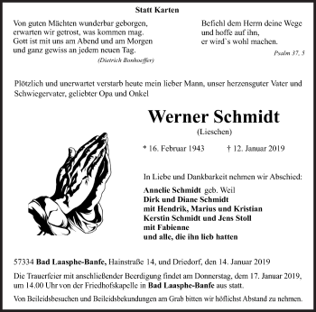 Traueranzeige von Werner Schmidt von Siegener Zeitung