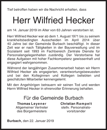 Traueranzeige von Wilfried Hecker von Siegener Zeitung