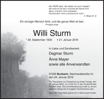 Traueranzeige von Willi Sturm von Siegener Zeitung