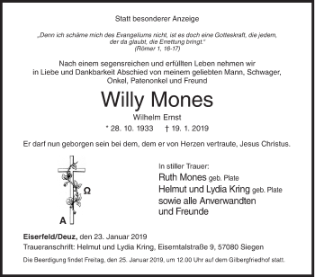 Traueranzeige von Willy Mones von Siegener Zeitung