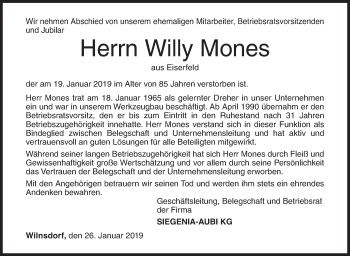 Traueranzeige von Willy Mones von Siegener Zeitung