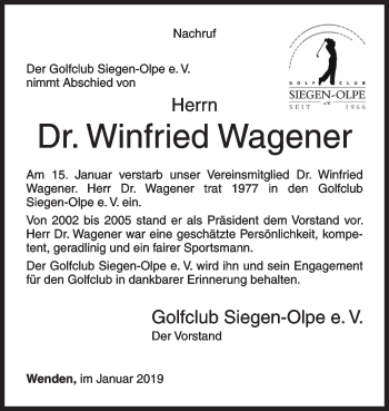 Traueranzeige von Winfried Wagener von Siegener Zeitung