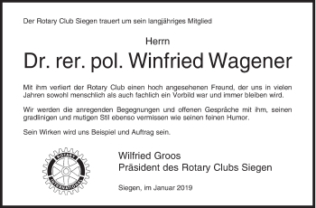 Traueranzeige von Winfried Wagener von Siegener Zeitung
