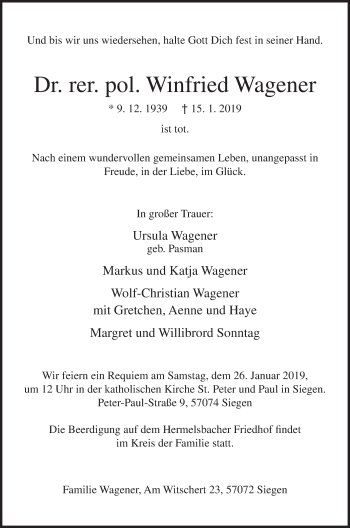 Traueranzeige von Winfried Wagener von Siegener Zeitung