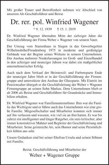 Traueranzeige von Winfried Wagener von Siegener Zeitung
