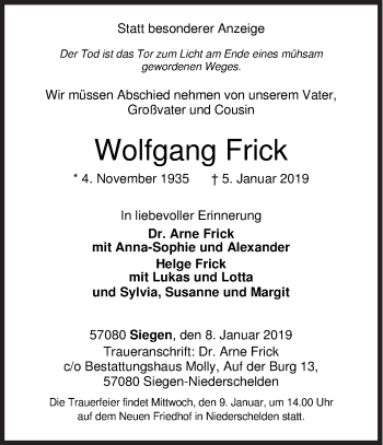 Traueranzeige von Wolfgang Frick von Siegener Zeitung
