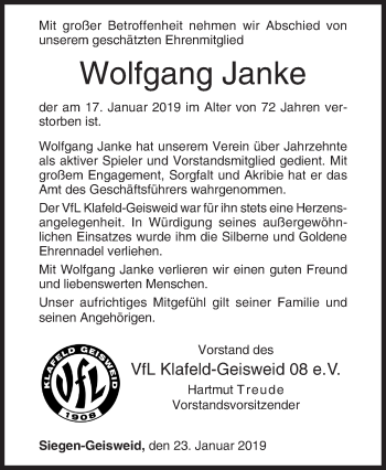 Traueranzeige von Wolfgang Janke von Siegener Zeitung