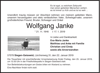 Traueranzeige von Wolfgang Janke von Siegener Zeitung
